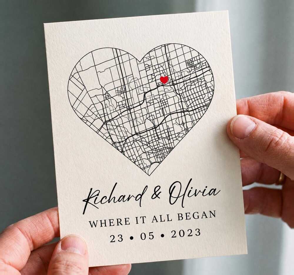 Personalized Heart Map Print, Wedding Anniversary Gift, Engagement First Date, B